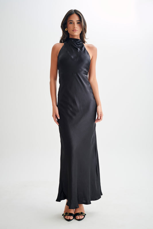Robe longue satinée irisée à col montant Esther - Noir