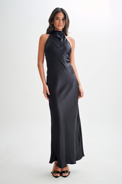 Robe longue satinée irisée à col montant Esther - Noir