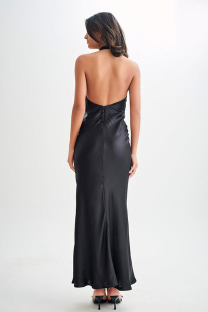 Robe longue satinée irisée à col montant Esther - Noir