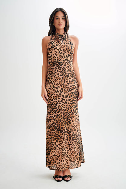 Robe maxi Estella en mousseline de soie à col montant - Imprimé léopard