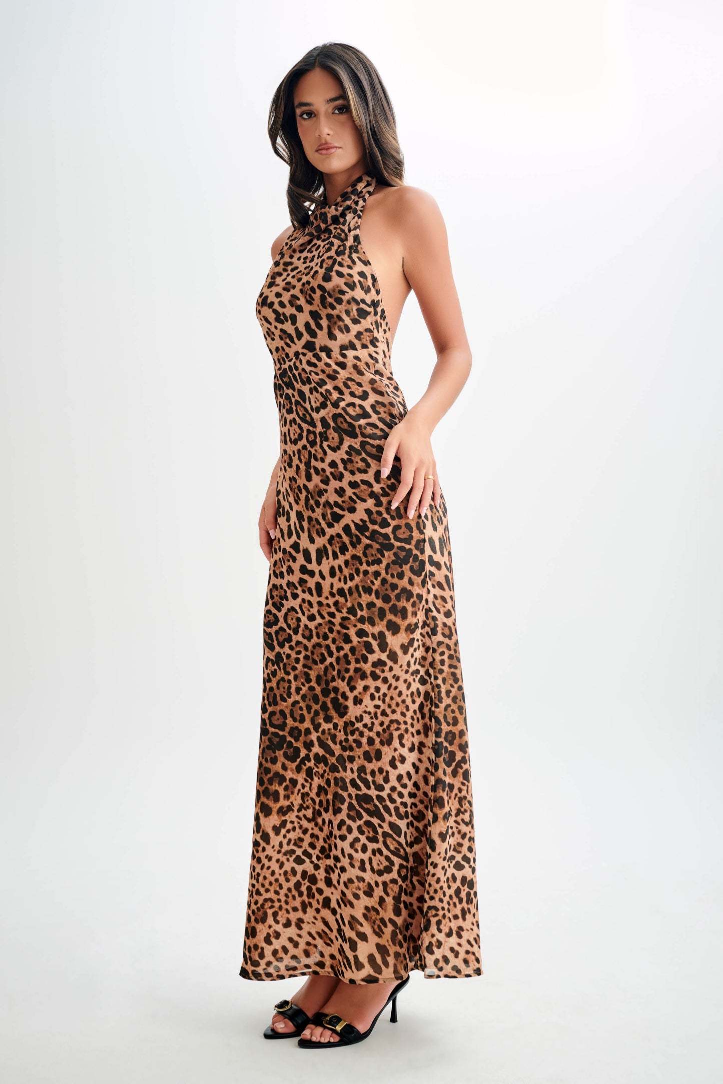 Robe maxi Estella en mousseline de soie à col montant - Imprimé léopard
