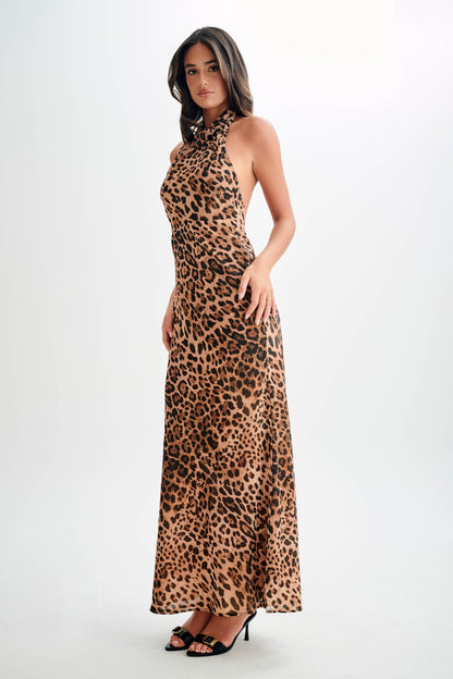 Robe maxi Estella en mousseline de soie à col montant - Imprimé léopard