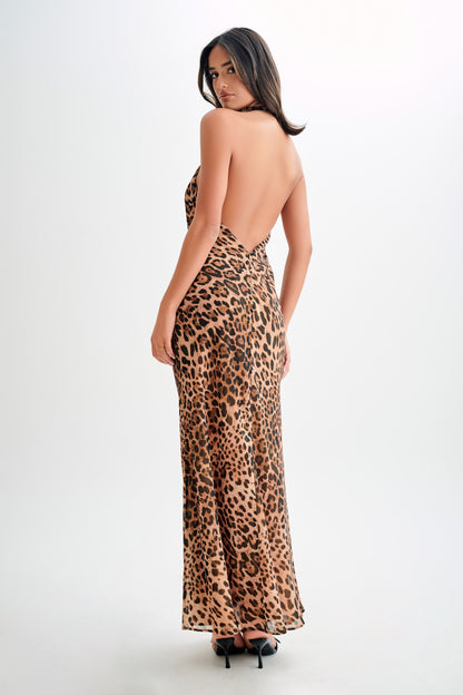 Robe maxi Estella en mousseline de soie à col montant - Imprimé léopard