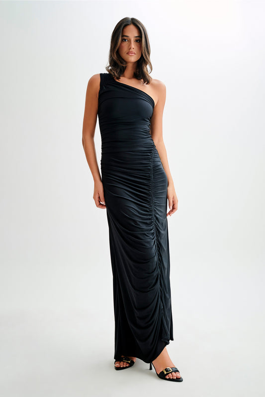 Robe Maxi Capri en Mousseline de Soie à Plis - Noir