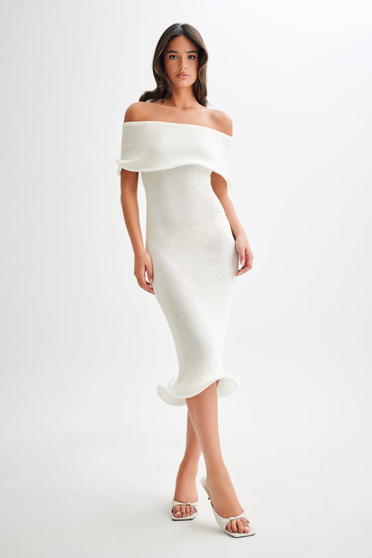 Robe midi en tricot Molly à épaules dénudées - Ivoire