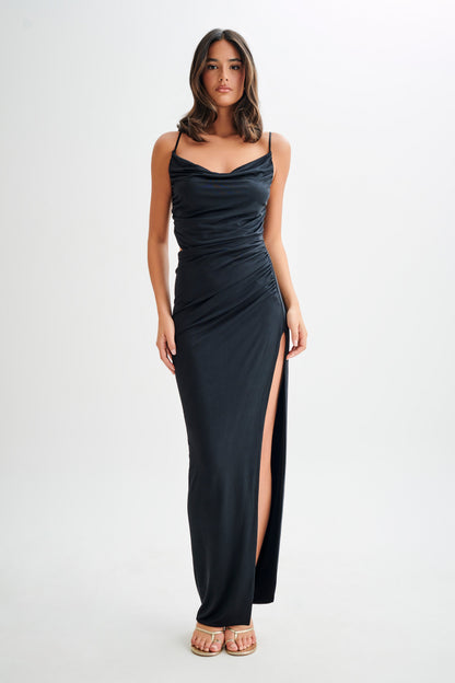 Jemma, robe maxi fluide et drapée - Noir