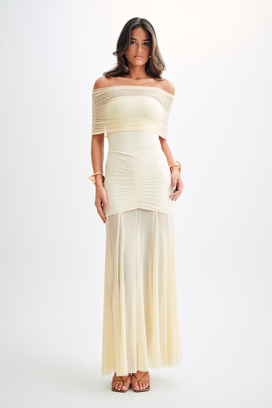 Robe Maxi Caspienne en Mousseline et Maille, Décolletée - Ivoire