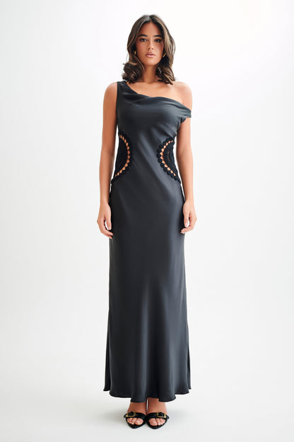 Kristina Robe Maxi en Satin avec Crochet - Noir
