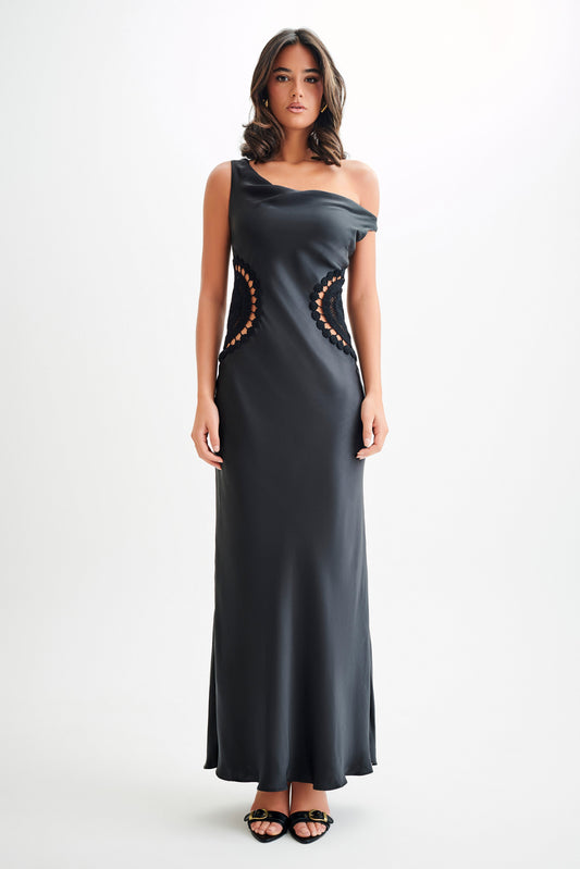 Kristina Robe Maxi en Satin avec Crochet - Noir