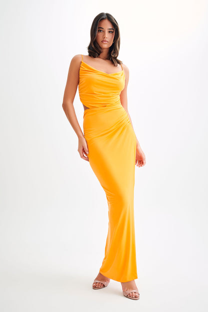 Jemma, robe maxi fluide et drapée - Sorbet d'orange