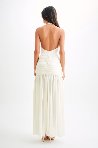 Robe Maxi en Satin et Chiffon à Décolleté Plongeant - Ivoire