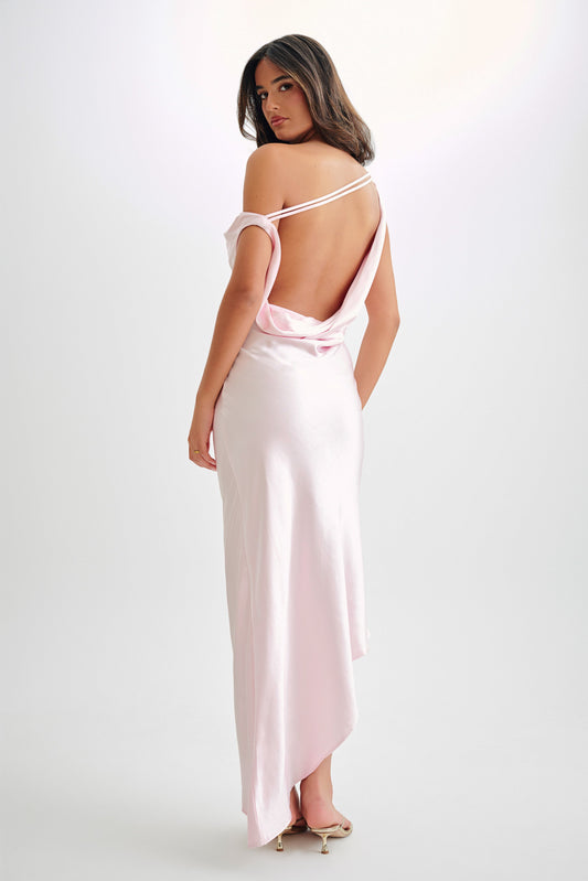 Robe Maxi Yvette à Bretelles avec Emmanchure Asymétrique - Rose Pâle