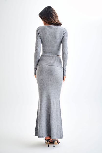 Jupe Maxi Tricotée Karlie avec Taille côtelée - Gris Anthracite