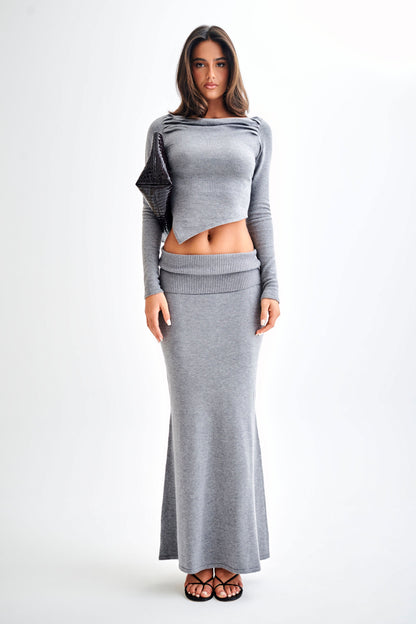 Jupe Maxi Tricotée Karlie avec Taille côtelée - Gris Anthracite