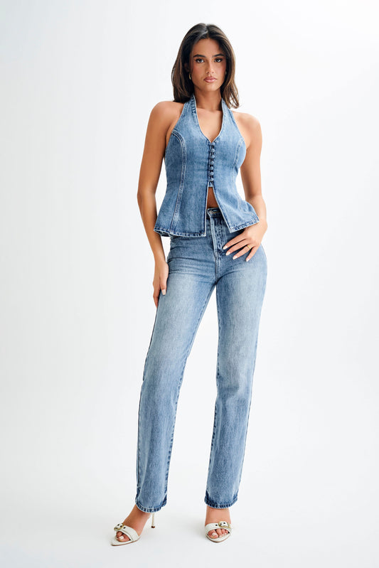 Jean Janine taille haute, jambes droites - Bleu moyen délavé