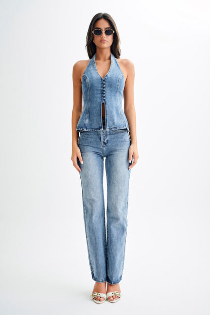 Jean Janine taille haute, jambes droites - Bleu moyen délavé