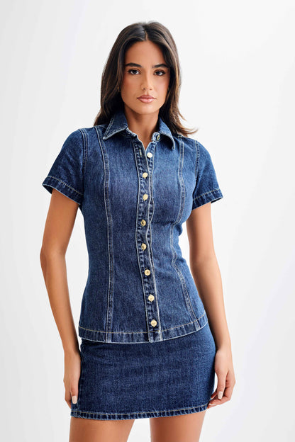 Top à manches courtes en jean Ellie - Bleu foncé