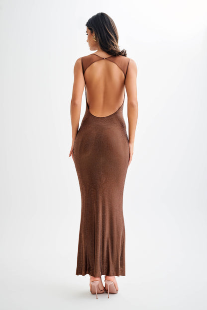 Jasmyn Robe Maxi avec Strass et Dos en Maille - Chocolat