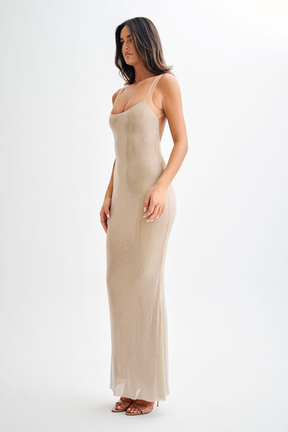 Jasmyn Robe Maxi avec Strass et Dos en Maille - Nude