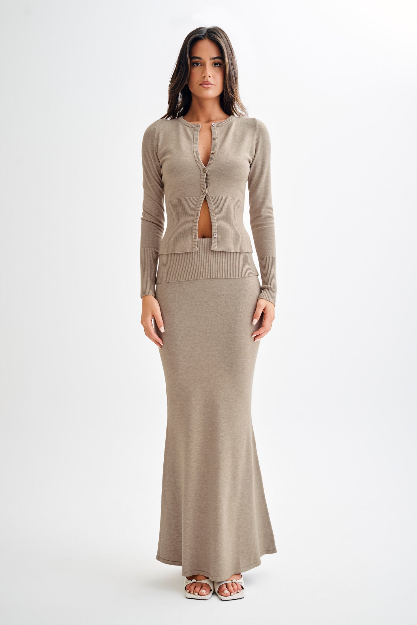 Jupe Maxi Tricotée Karlie avec Taille côtelée - Taupe Marle