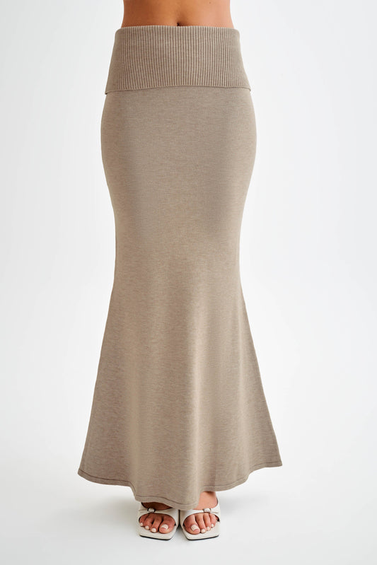 Jupe Maxi Tricotée Karlie avec Taille côtelée - Taupe Marle