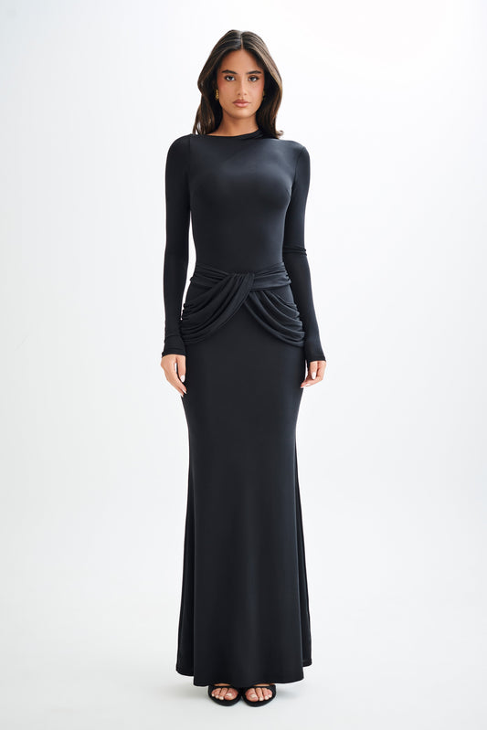 Robe Maxi Halcyon à Manches Longues et Tissu Élastique - Noir