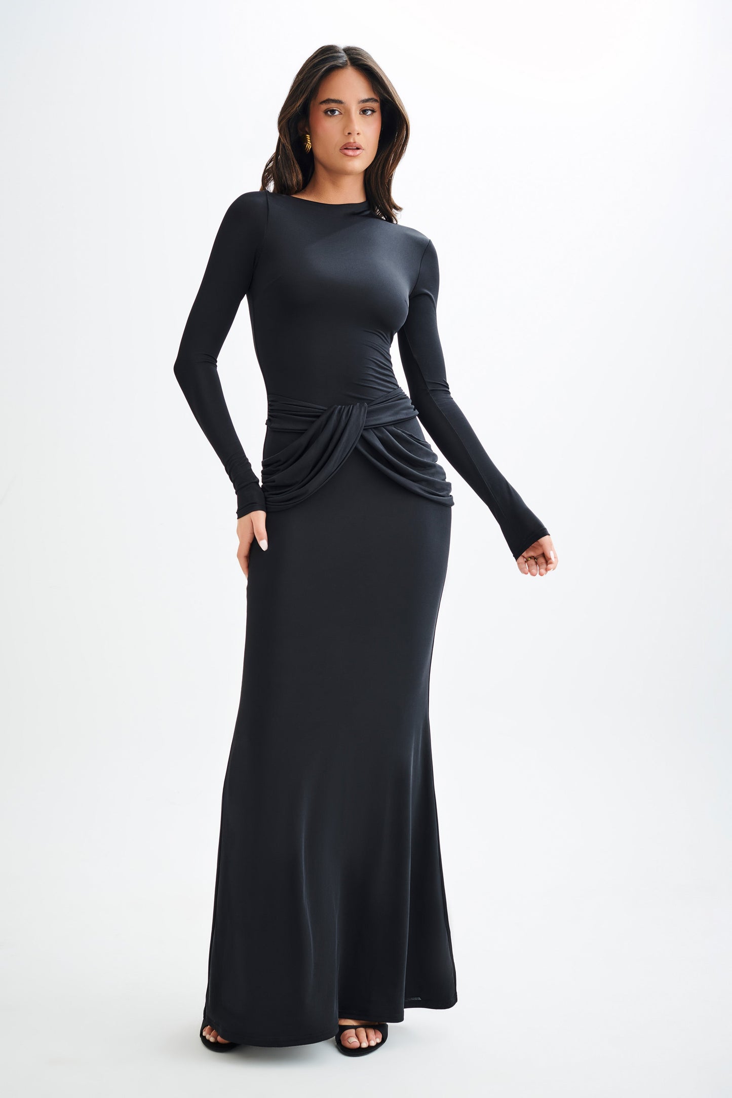 Robe Maxi Halcyon à Manches Longues et Tissu Élastique - Noir