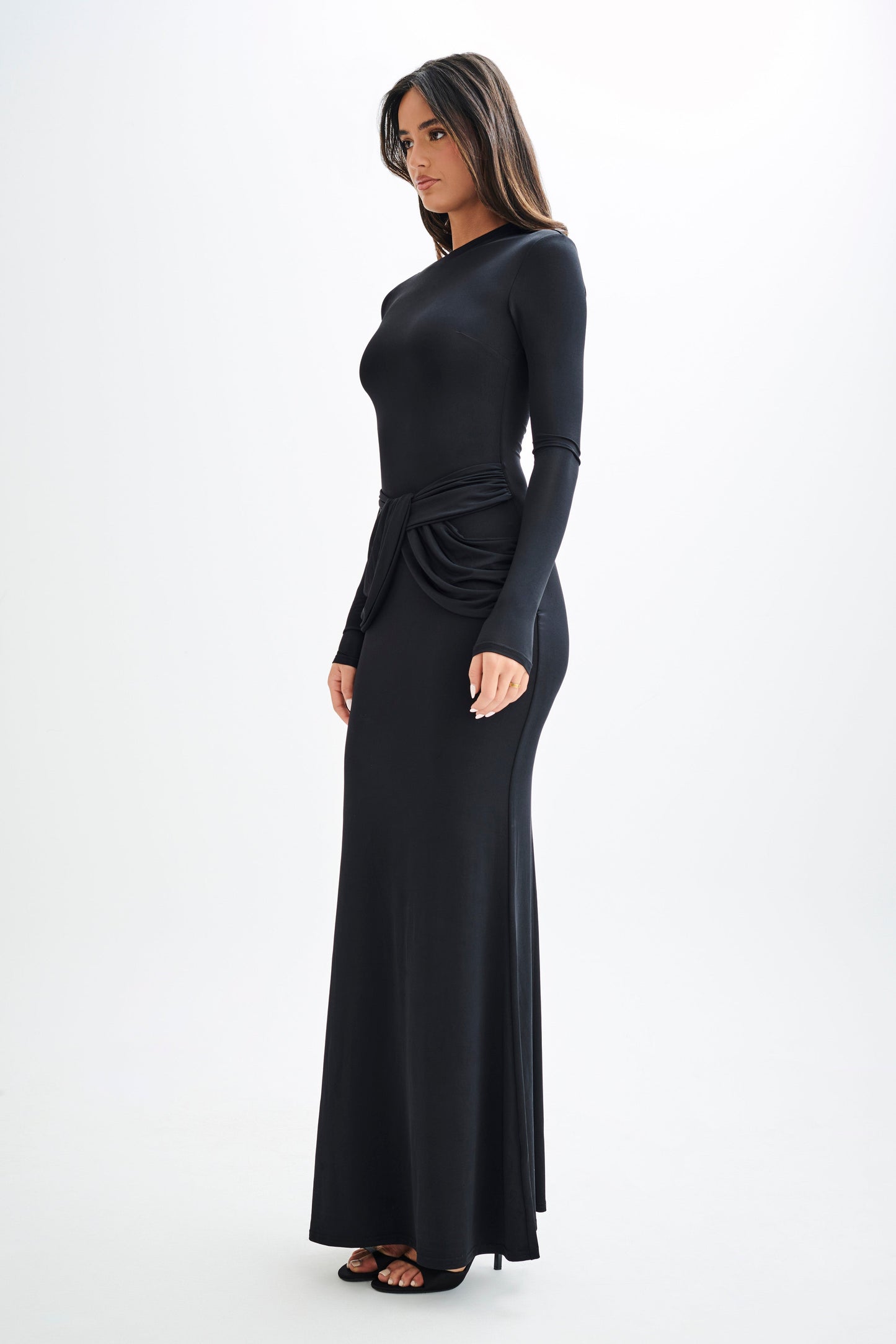 Robe Maxi Halcyon à Manches Longues et Tissu Élastique - Noir