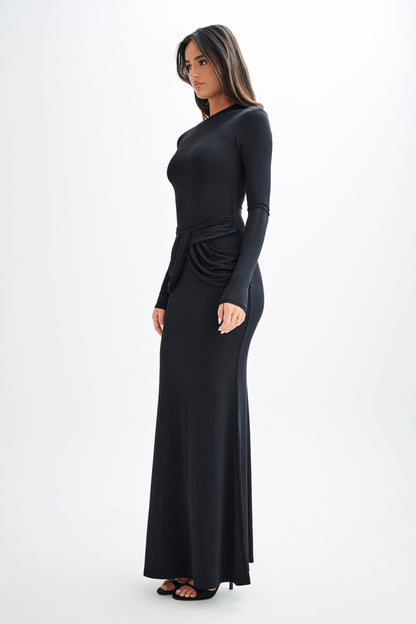 Robe Maxi Halcyon à Manches Longues et Tissu Élastique - Noir