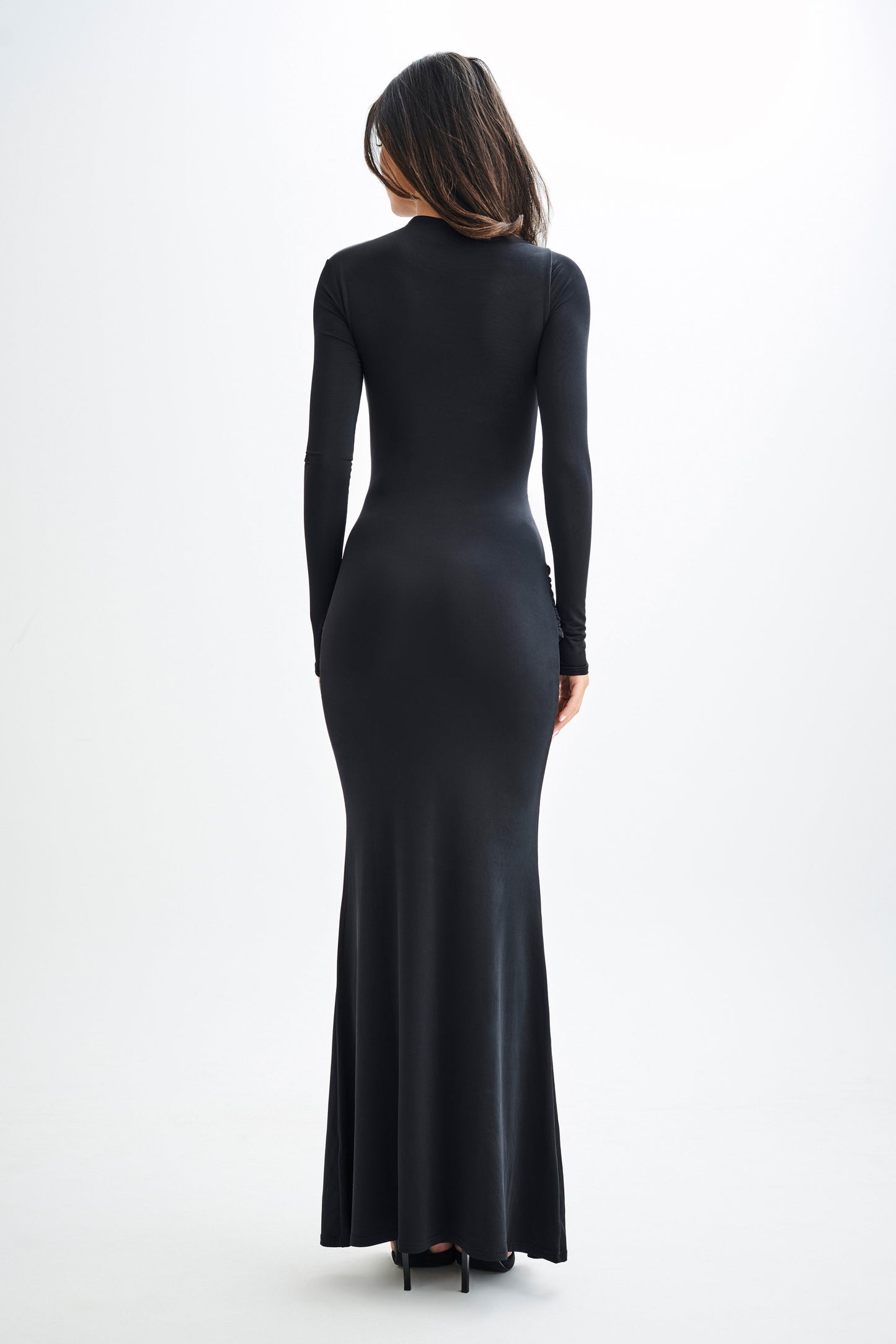 Robe Maxi Halcyon à Manches Longues et Tissu Élastique - Noir
