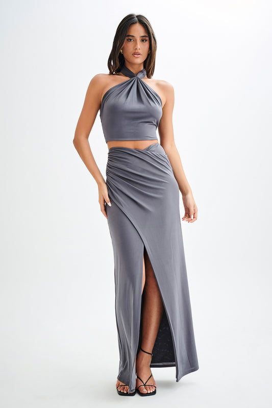 Jupe Maxi Bronwyn Slinky à Plis et Fente - Anthracite