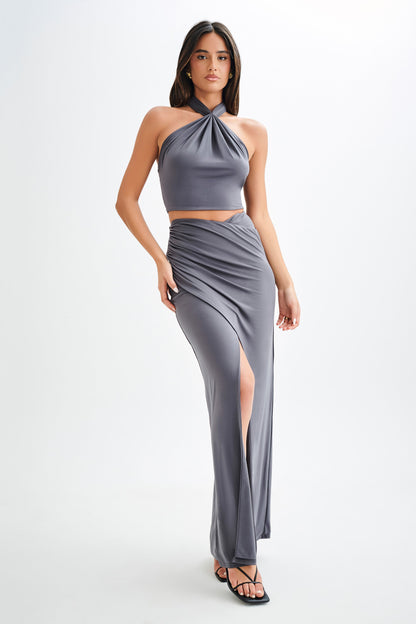 Bronwyn, crop top halter à col montant - anthracite
