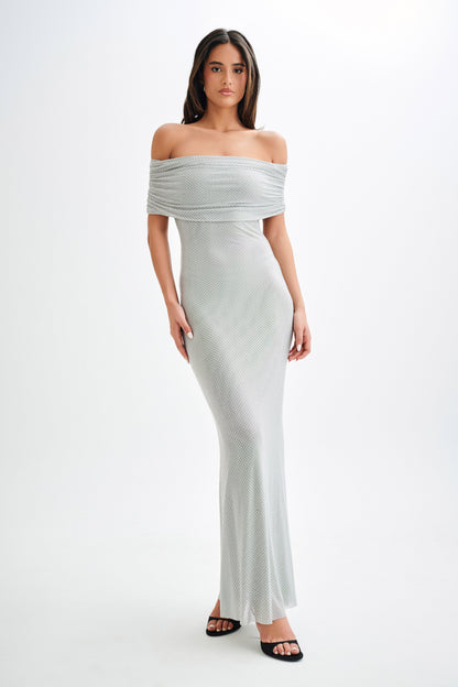 Robe Maxi Diamantée Arna à Manches Décolletées - Argent