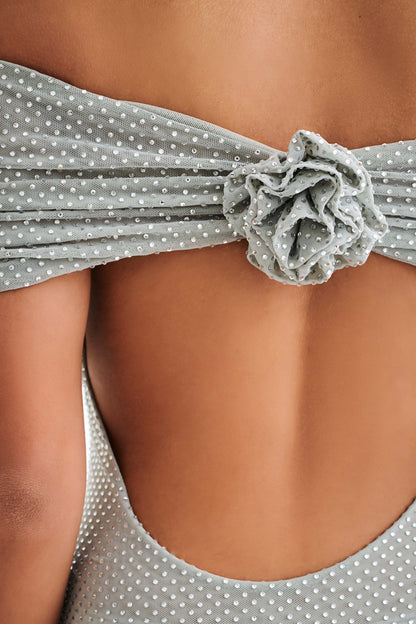 Robe Maxi Diamantée Arna à Manches Décolletées - Argent