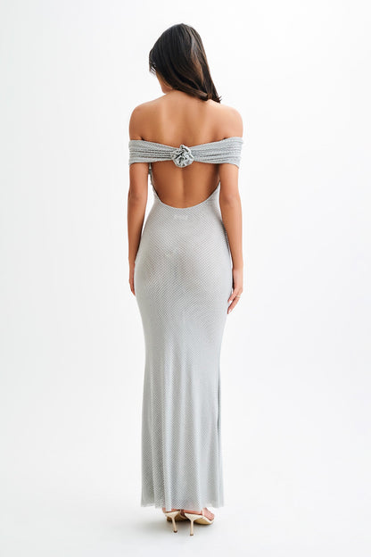 Robe Maxi Diamantée Arna à Manches Décolletées - Argent
