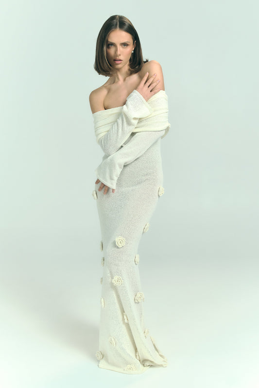 Robe maxi en tricot rose à épaules dénudées Kiki - Ivoire