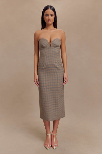 Robe midi sans bretelles Christie - Écossais beige