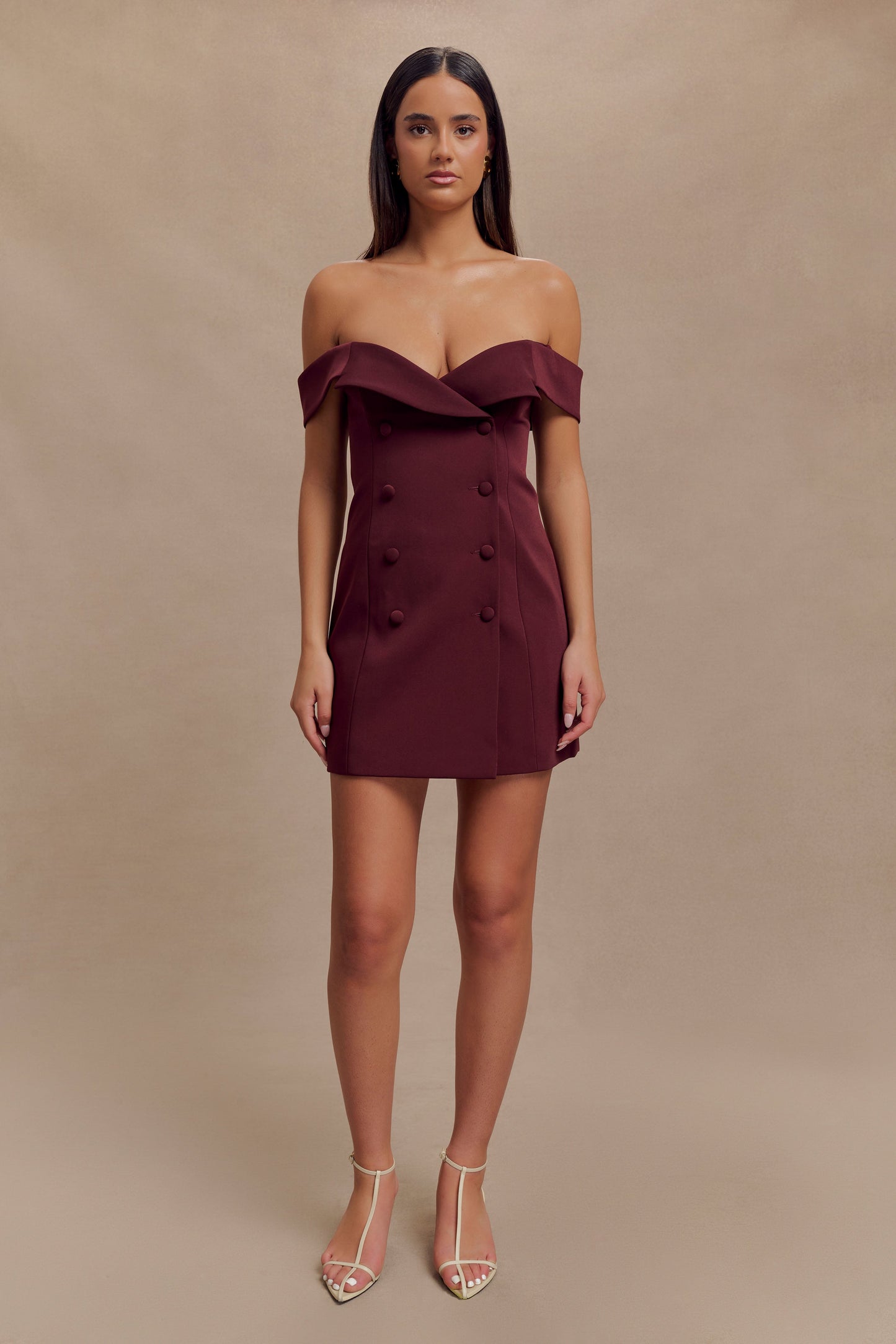 Mini-robe tailleur à épaules dénudées Noelle - Brun-rouge