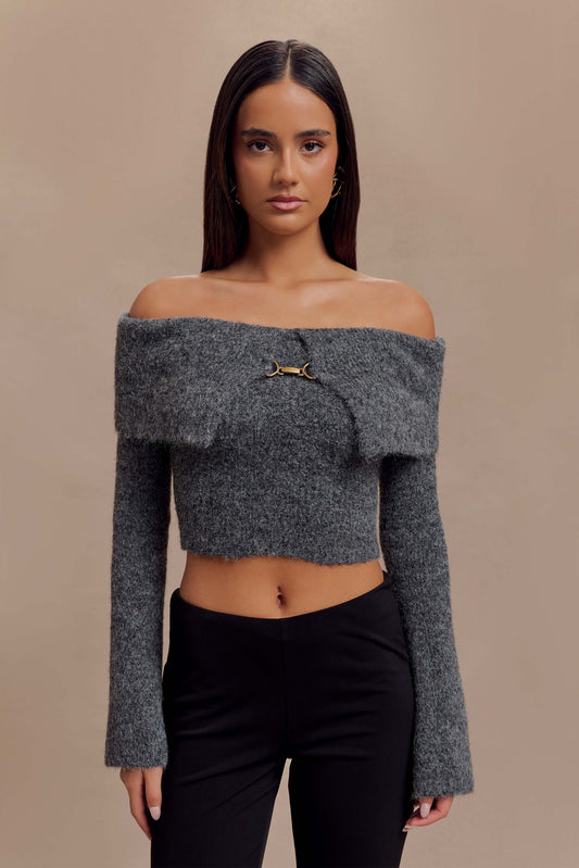 Top en tricot doux à épaules dénudées Baxter - Gris anthracite