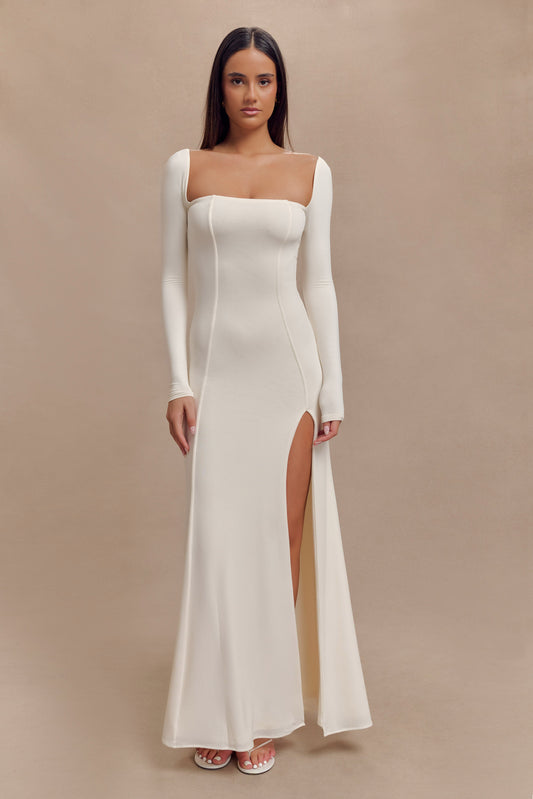 Robe longue Desirie à manches longues et fente - Ivoire