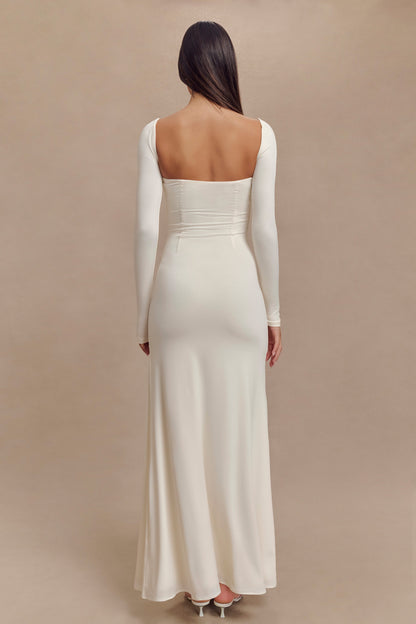 Robe longue Desirie à manches longues et fente - Ivoire