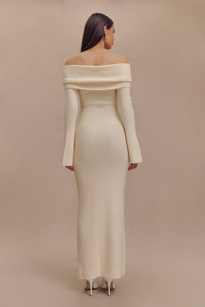 Robe Maxi Tricotée à Manches Décolletées Katherine - Ivoire