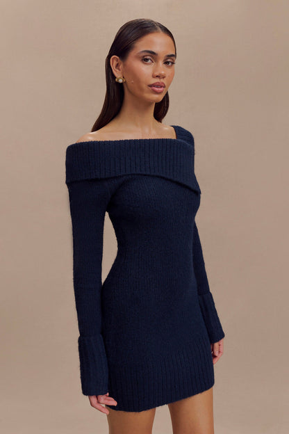 Mini-robe en tricot asymétrique Stephanie - Bleu marine foncé