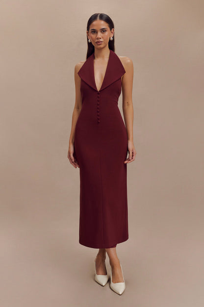 Robe midi en crêpe à col halter Annita - Merlot
