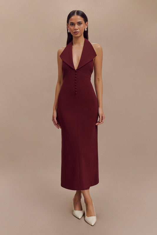 Robe midi en crêpe à col halter Annita - Merlot