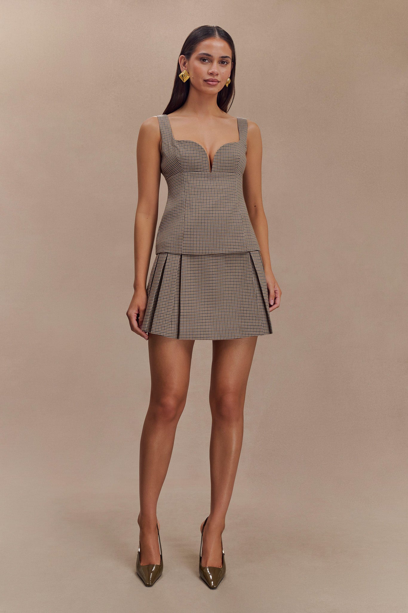 Jupe mini plissée avec boucle Angie - carreaux beige