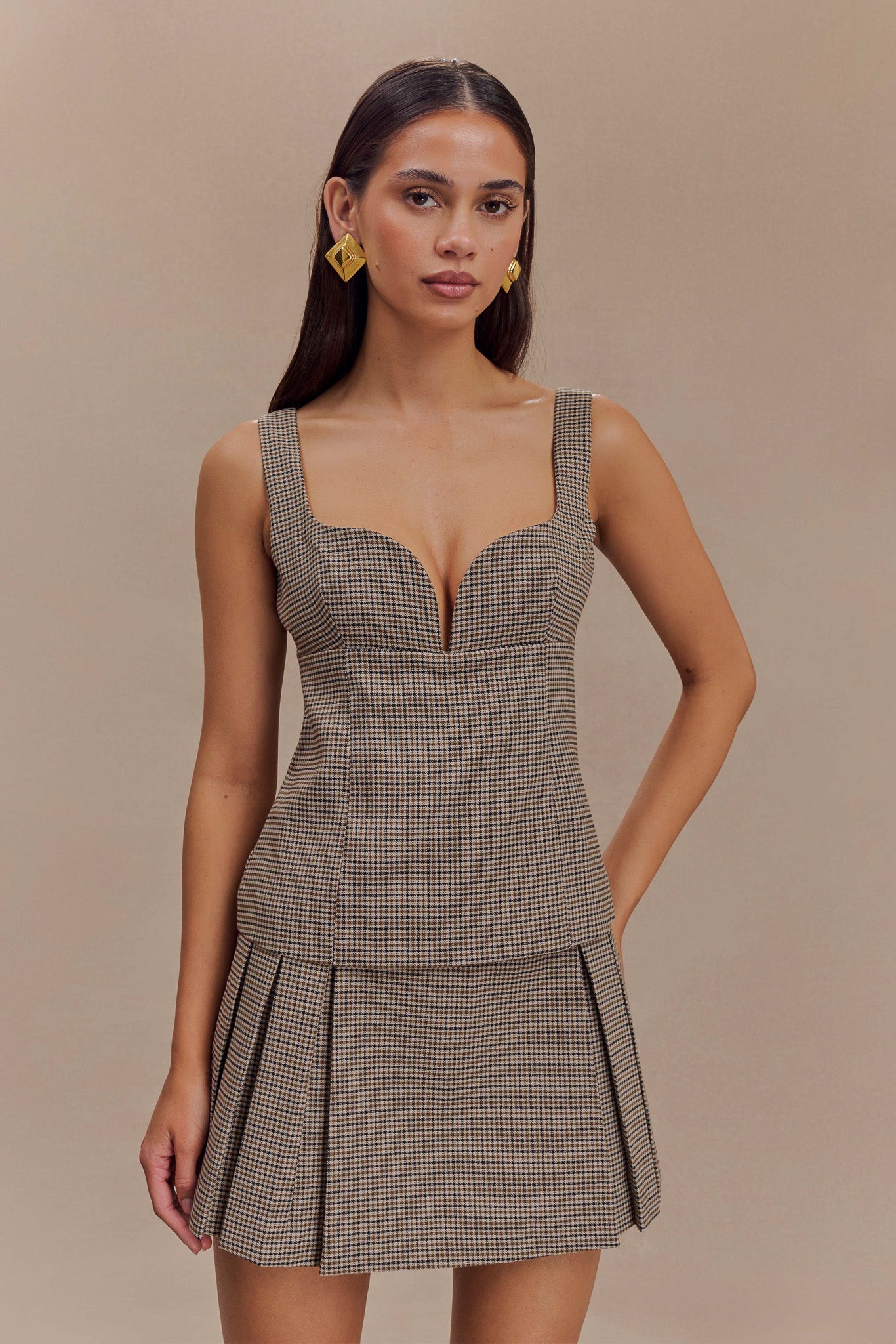 Jupe mini plissée avec boucle Angie - carreaux beige