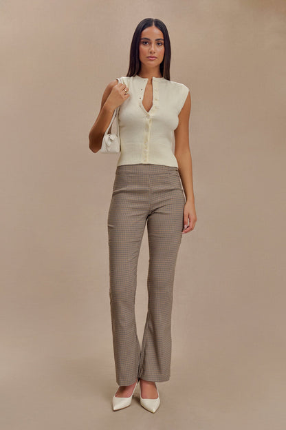 Pantalon droit à taille mi-hauteur avec boucle et imprimé à carreaux beige - Sweeney