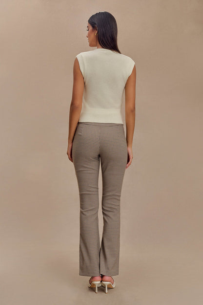 Pantalon droit à taille mi-hauteur avec boucle et imprimé à carreaux beige - Sweeney