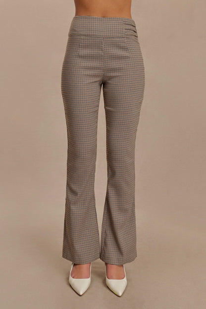 Pantalon droit à taille mi-hauteur avec boucle et imprimé à carreaux beige - Sweeney